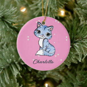 Cute Blue cat on rosa custom name Julgransprydnad Keramik