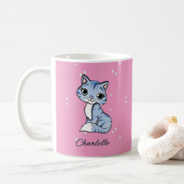 Cute Blue cat on rosa custom name Kaffemugg