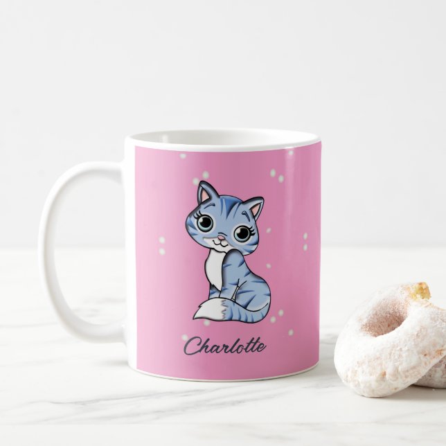 Cute Blue cat on rosa custom name Kaffemugg (Med munk)