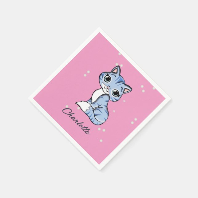 Cute Blue cat on rosa custom name Pappersservett (Hörn)