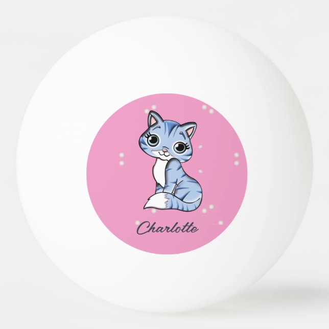 Cute Blue cat on rosa custom name Pingisboll (Framsidan)
