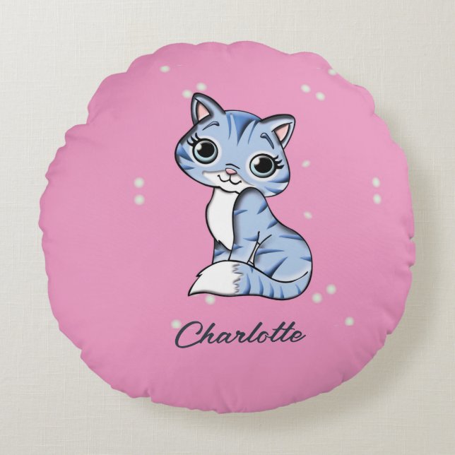 Cute Blue cat on rosa custom name Rund Kudde (Framsidan)