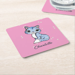 Cute Blue cat on rosa custom name Underlägg Papper Kvadrat