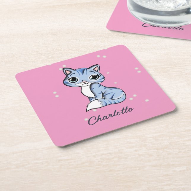 Cute Blue cat on rosa custom name Underlägg Papper Kvadrat (Vinklad)