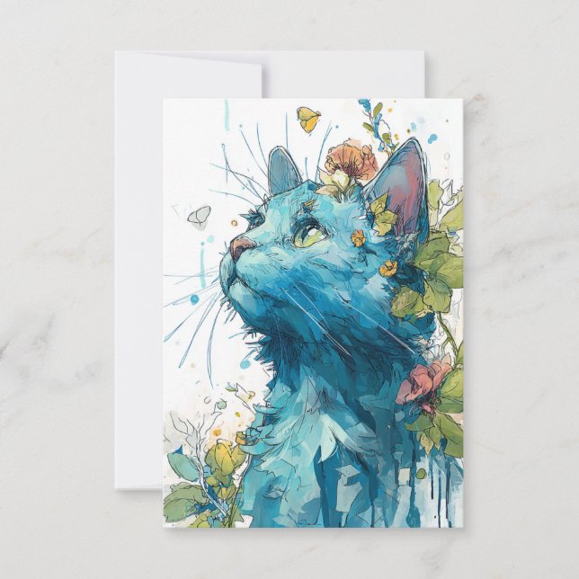 Cute Blue Cat with Flowers Tack Kort (Framsida)