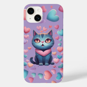 Cute Blue Cat with Heartors Hoodie Kawaii Valent