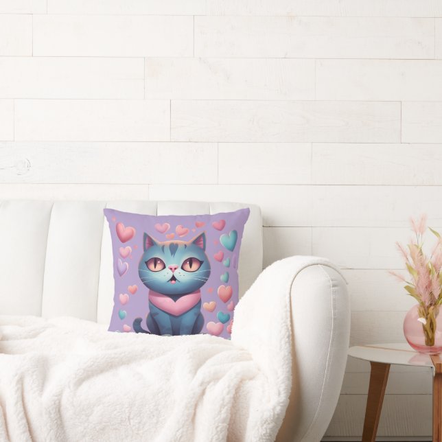 Cute Blue Cat with Heartors Hoodie | Kawaii Valent Kudde (Soffa)