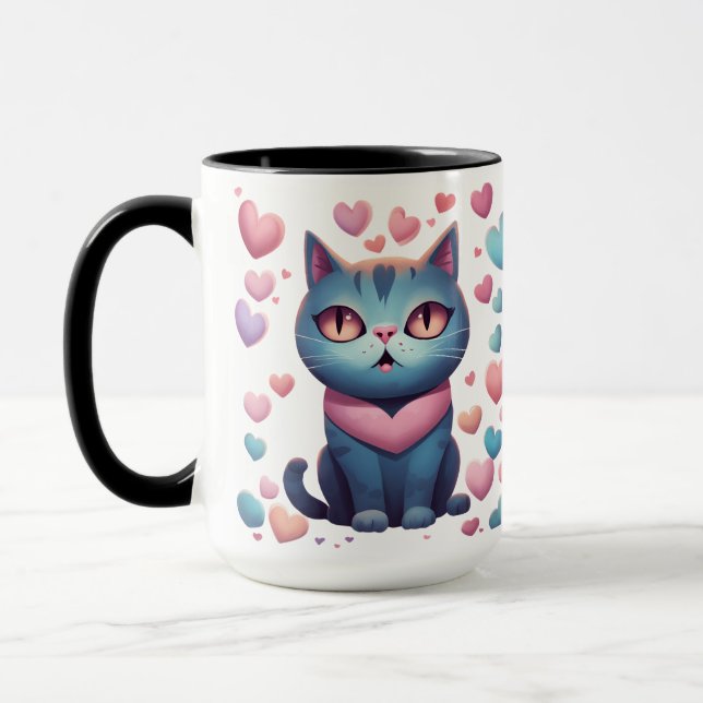 Cute Blue Cat with Heartors Hoodie | Kawaii Valent Mugg (Vänster)