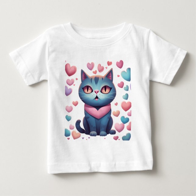 Cute Blue Cat with Heartors Hoodie | Kawaii Valent T Shirt (Framsida)