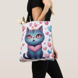 Cute Blue Cat with Heartors Hoodie | Kawaii Valent Tygkasse