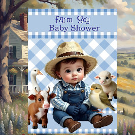 Cute Blue Check Farm Boy Shower Animals Inbjudningar