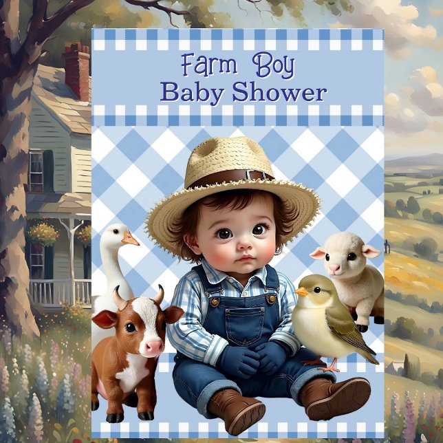 Cute Blue Check Farm Boy Shower Animals Inbjudningar (Skapare uppladdad)