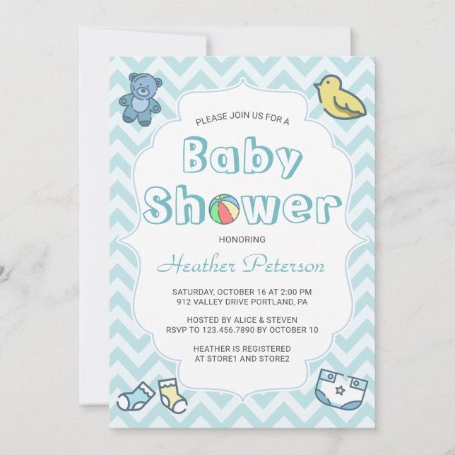 Cute Blue Chevron Baby Shower Inbjudningar (Framsida)
