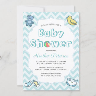 Cute Blue Chevron Baby Shower Inbjudningar
