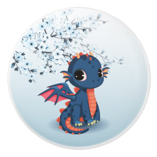Cute Blue Chibi Dragon Ceramic Knob Knopp