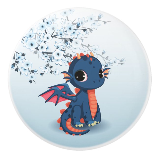 Cute Blue Chibi Dragon Ceramic Knob Knopp (Framsidan)
