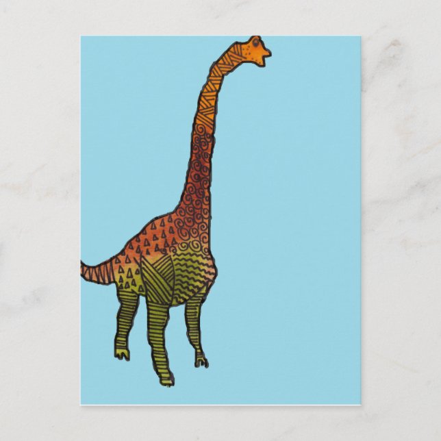 Cute blue children brachiosaurus dinosauaur art vykort (Framsida)