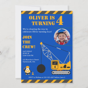 Cute Blue Children's Construction Birthday Inbjudningar
