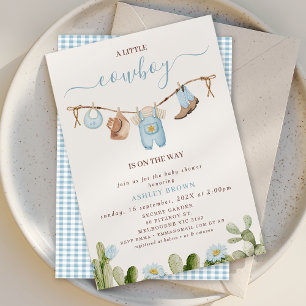 Cute Blue Clothesline Cactus Cowboy Baby Shower Inbjudningar