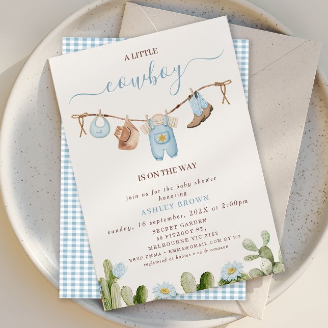 Cute Blue Clothesline Cactus Cowboy Baby Shower Inbjudningar (Little Cowboy Baby Shower Invitation Blue Floral Cactus, Cowboy Baby Shower Invitation Clothesline)