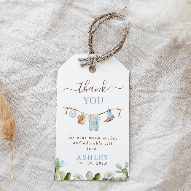 Cute Blue Clothesline Cactus Cowboy Baby Shower Presentetikett (Cowboy baby shower Thank You Tag, Clothesline Cowboy Baby Shower Gift Tag, Cowboy Themed Blue Brown)