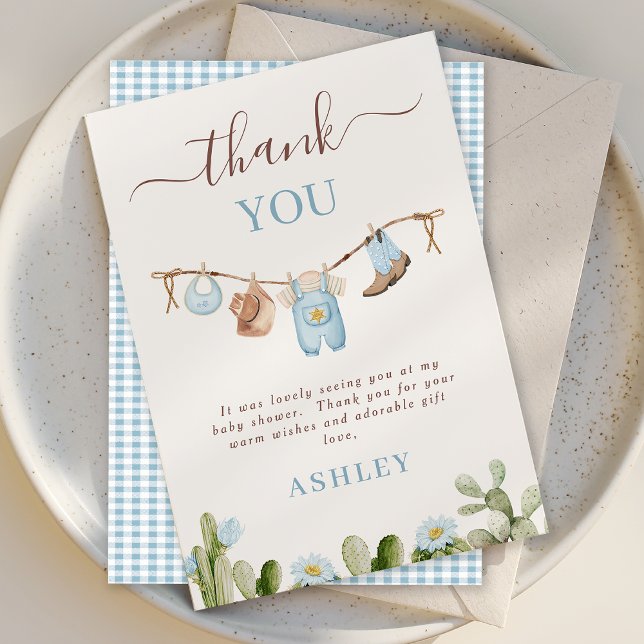 Cute Blue Clothesline Cactus Cowboy Baby Shower Tack Kort (Cowboy Baby Shower Thank You Card Template, Cowboy Clothesline Thank You Card Blue Floral Cactus)