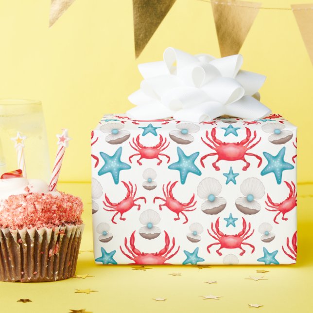 Cute Blue Coastal Seaside Crab & Snäcka Mönster Presentpapper (Födelsedagsfest)