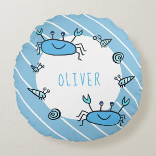 Cute Blue Crab Sea Animal Boy Namn Rund Kudde