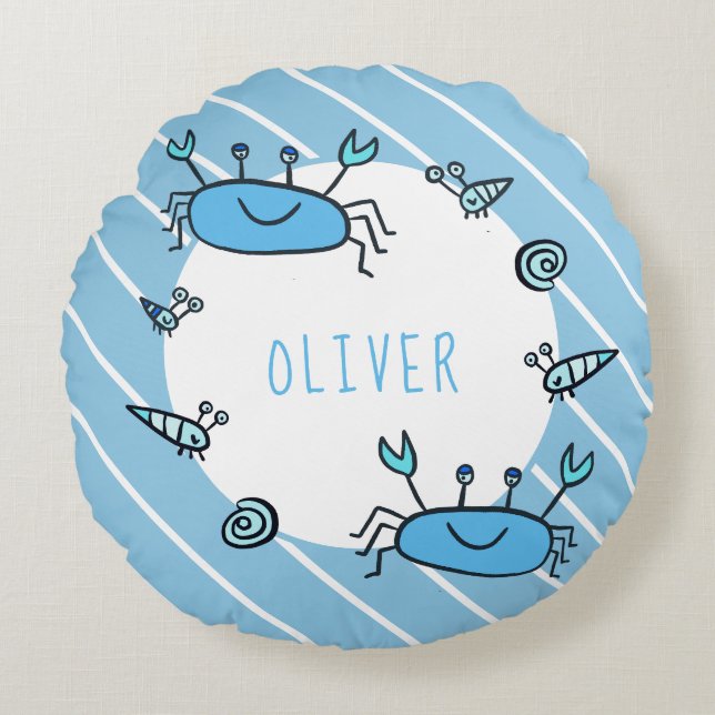 Cute Blue Crab Sea Animal Boy Namn Rund Kudde (Framsidan)