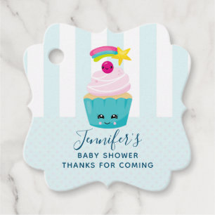 Cute Blue Cupaka med Kawaii Ansikte Baby Shower Gåvor Etiketter