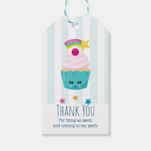 Cute Blue Cupaka med Kawaii Ansikte Birthday Tack Presentetikett