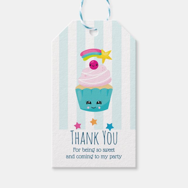 Cute Blue Cupaka med Kawaii Ansikte Birthday Tack Presentetikett (Framsidan)