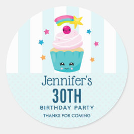 Cute Blue Cupaka med Kawaii Ansikte Birthday Tack Runt Klistermärke