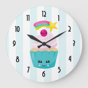 Cute Blue Cupaka med Kawaii Ansikte Stor Klocka