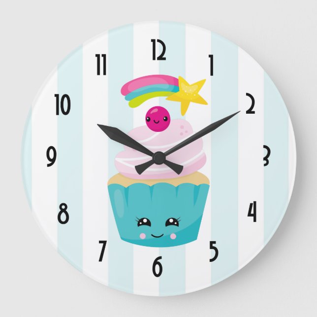 Cute Blue Cupaka med Kawaii Ansikte Stor Klocka (Framsida)