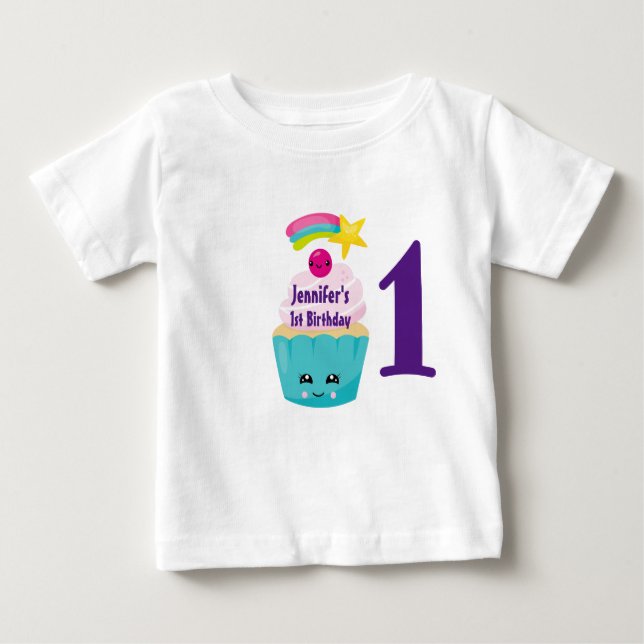 Cute Blue Cupcoa med Kawaii Ansikte 1:a födelsedag T Shirt (Framsida)