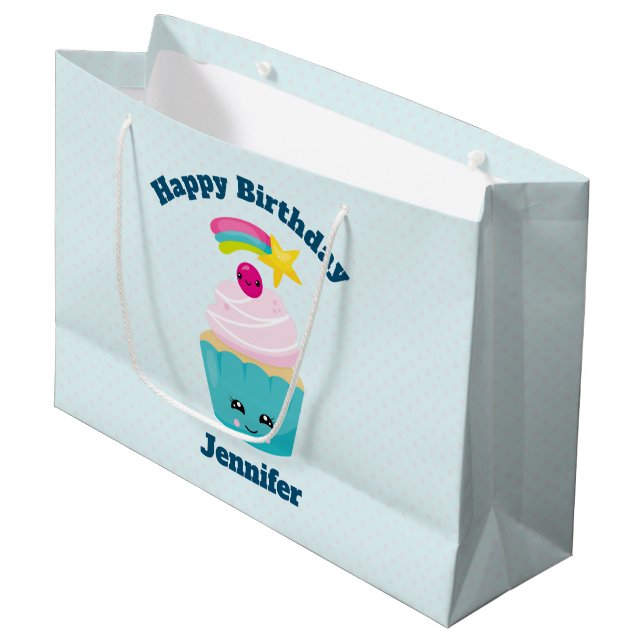 Cute Blue Cupcoa med Kawaii Ansikte Birthday (Framsidan Vinklad)