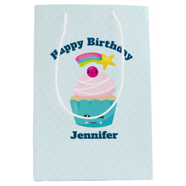 Cute Blue Cupcoa med Kawaii Ansikte Birthday (Framsidan)