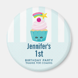 Cute Blue Cupcoa med Kawaii Ansikte Birthday Favor Magnet
