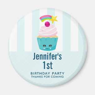 Cute Blue Cupcoa med Kawaii Ansikte Birthday Favor Magnet