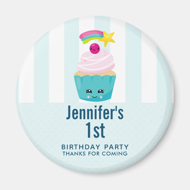 Cute Blue Cupcoa med Kawaii Ansikte Birthday Favor Magnet (Framsidan)