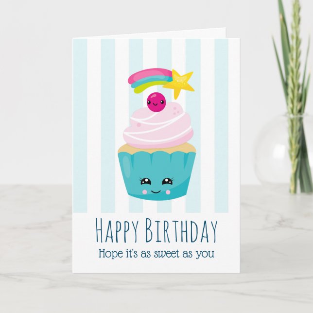 Cute Blue Cupcoa med Kawaii Ansikte Birthday Kort (Framsida)