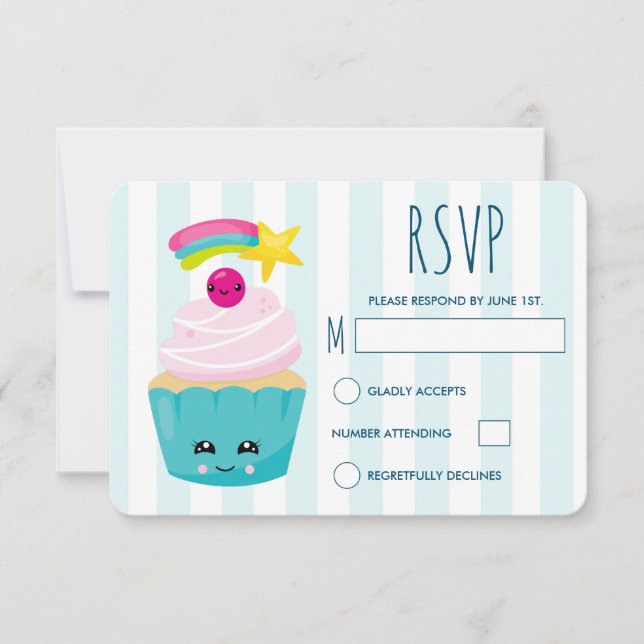 Cute Blue Cupcoa med Kawaii Ansikte Birthday OSA Kort (Framsida)