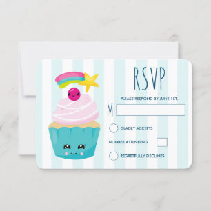 Cute Blue Cupcoa med Kawaii Ansikte Birthday OSA Kort