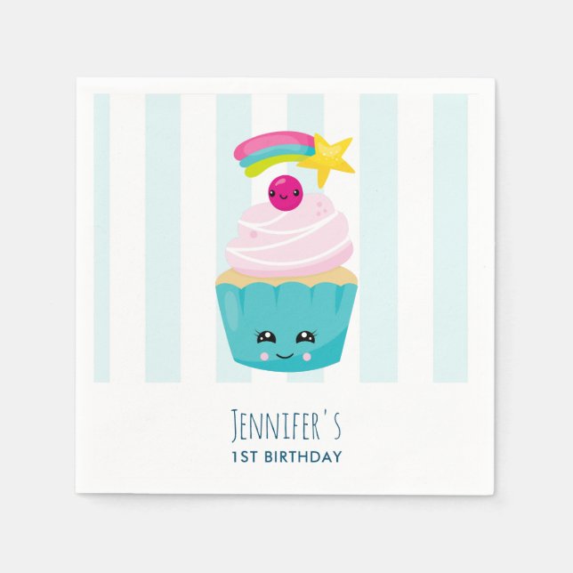 Cute Blue Cupcoa med Kawaii Ansikte Birthday Pappersservett (Framsidan)