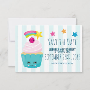 Cute Blue Cupcoa med Kawaii Ansikte Birthday Spara Datumet
