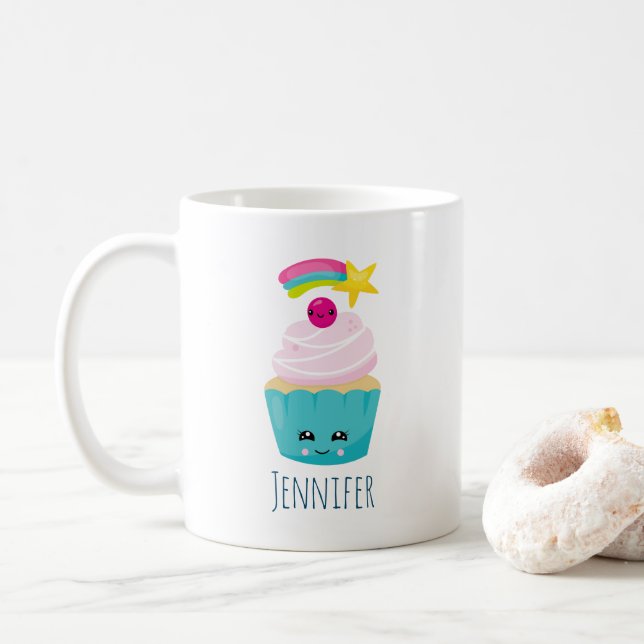 Cute Blue Cupcoa med Kawaii Ansikte Kaffemugg (Med munk)