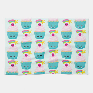 Cute Blue Cupcoa med Kawaii Ansikte Kökshandduk