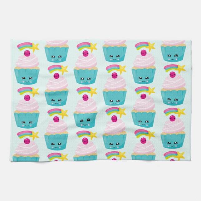 Cute Blue Cupcoa med Kawaii Ansikte Kökshandduk (Horisontell)