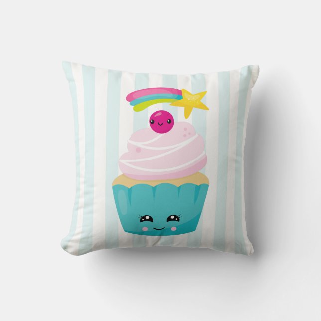 Cute Blue Cupcoa med Kawaii Ansikte Kudde (Framsida)